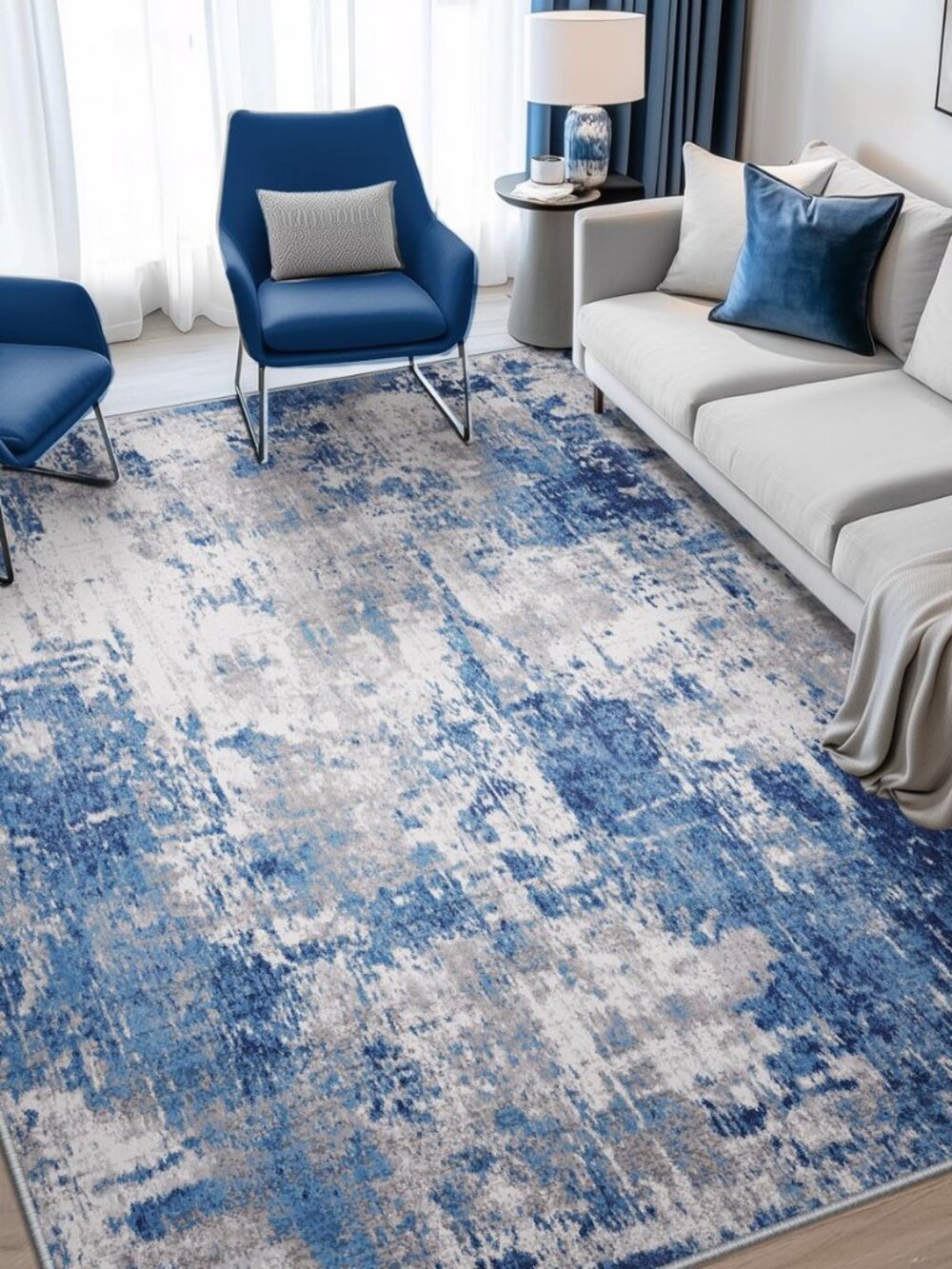 Washable 5'x8' Abstract Area Rug for Living Room Blue Gray